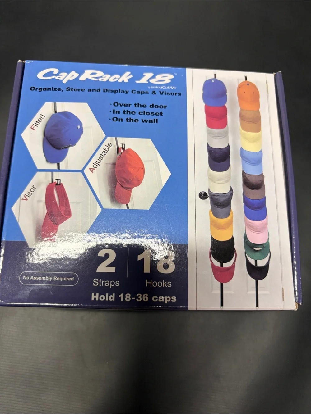 Cap Rack 18 Hat & Visor Organizer - Blue Packaging